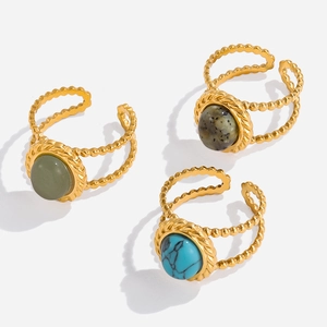 Retro Bohemian Adjustable Open Ring 18K Gold Plated Stainless Steel Semi-Precious Stone Turquoise Jewelry For Women