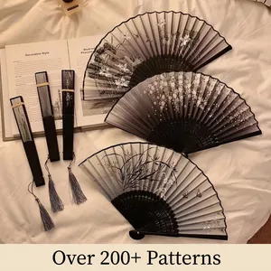 Chinese Handheld Folding Fan Bamboo Frame Satin Fabric Ink Wash Painting Tassel Portable Decorative Art Craft Gift Women