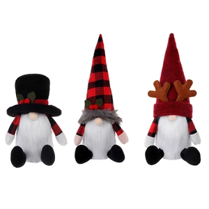 Three Nordic Christmas gnomes with plaid, top hat, and reindeer antler designs