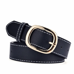 Women's black leather belt with gold oval buckle and white contrast stitching detail