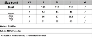 Detailed size chart for the mini dress showing bust, shoulder, and length measurements in cm