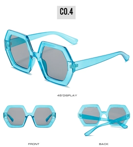Detailed views of light blue hexagonal sunglasses with grey lenses from multiple angles