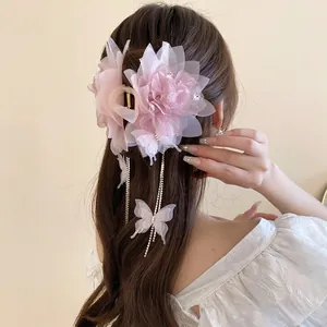 Large Mesh Flower Hair Claw Clip For Women With Butterfly Charms And Long Rhinestone Tassel Elegant Pink Headpiece