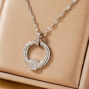 Silver ring pendant necklace with textured loop and micro-pave square zircon stone