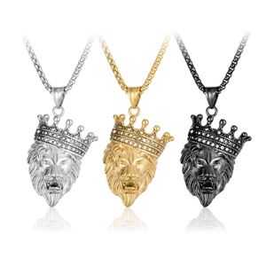 Lion Head Pendant Necklace With Crown Rhinestone Stainless Steel Hip Hop Punk Style Jewelry For Men