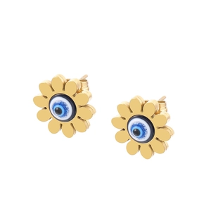 Golden sunflower earrings with blue evil eye center and high gloss titanium steel finish