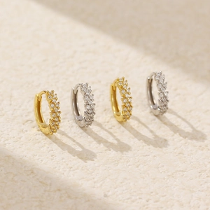 Detailed view of silver and gold plated s925 hoop earrings with double row zircon stones