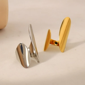 Irregular Geometric Ring 18K Gold Plated Stainless Steel Adjustable Open Wide Band Mirror Polished Minimalist Women