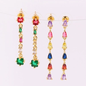 Detail of 18K gold-plated tassel earrings featuring colorful square and teardrop zircons