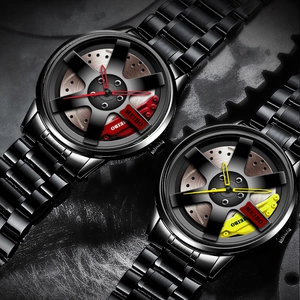 Men's quartz watch with black stainless steel band and automotive wheel rim dial
