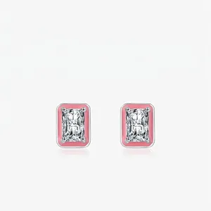 Geometric Rectangular Emerald Cut Zircon Stud Earrings In 925 Sterling Silver With Pink Enamel Border For Women