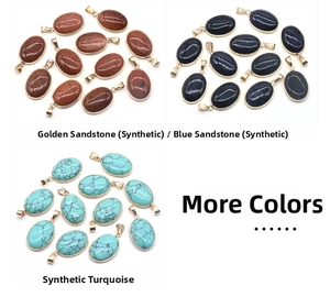 Macro view of gold-plated oval pendants in blue turquoise, goldstone, and bluesand stone