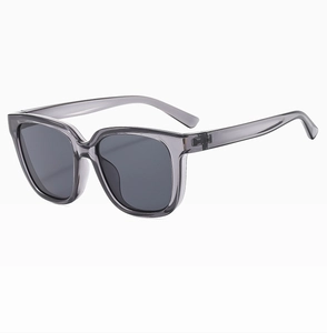 Close-up of translucent grey sunglasses with dark grey lenses and smooth frame finish