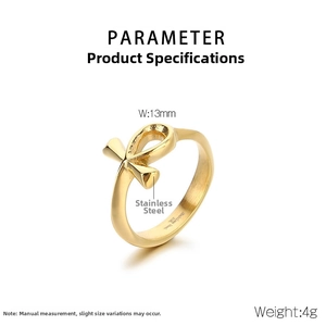 Technical view of a gold Ankh cross ring showing 13mm width and 4g weight specs