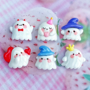 Mini glossy white ghost resin charms with colorful festive hats for Halloween DIY