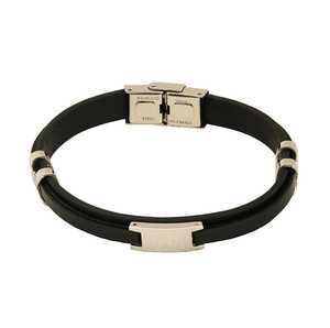 Detail of a black leather and stainless steel bracelet with a polished metal clasp buckle