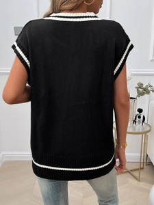 Back view of a black knitted V-neck vest with white stripes on hem and armholes