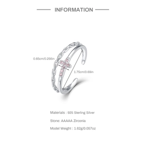 Detail specifications for S925 sterling silver double-layer ring with pink zircon cross