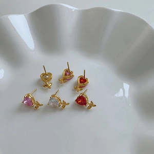 Elegant gold plated heart stud earrings with colorful cubic zirconia and leaf detail