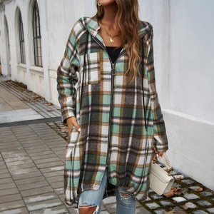 Women Loose Plaid Hooded Jacket Polyester Viscose Blend Long Sleeve Zipper Contrast Color Casual Checked Coat With Pockets