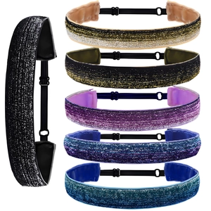 Five pack of adjustable sequin elastic headbands for girls in various sparkling colors