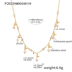 Detailed size specifications of bird pendant necklace with pearls and zircons