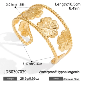 Detailed size parameters of 18K gold stainless steel open bangle with hollow floral design