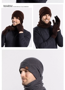 Men's winter knit hat, scarf and touchscreen gloves set with warm fleece lining