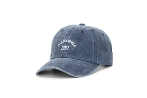 Dettaglio del ricamo California 1987 sul berretto da baseball in cotone lavato blu