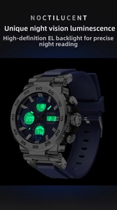 Detailed macro view of multi-function sports watch dial with glowing green EL backlight