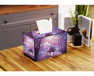 Detail of DIY diamond painting tissue box featuring a purple cherry blossom piano scene