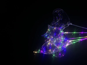 Macro shot of 18-inch LED glowing bobo balloons in star shapes on transparent poles