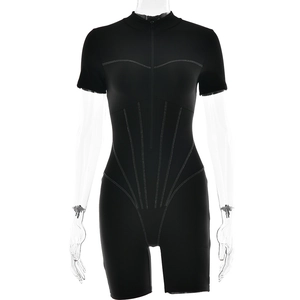 Slim fit short sleeve bodysuit with front zipper and white contrast stitching detail