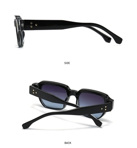 Side and back view of square black sunglasses with gradient purple-blue lenses and gold dot details