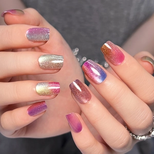 Rainbow cat eye press-on nails with holographic glitter gradient and square round shape