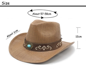 Detail of woven cowboy hat featuring floral embroidery and turquoise decorative buckle