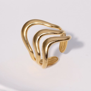 Minimalist 18K gold-plated wave-shaped multi-layer adjustable stainless steel ring