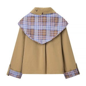Women's reversible cropped khaki jacket with colorful plaid lapel and sleeve details