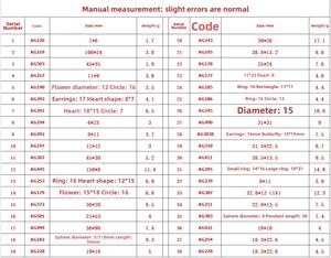 Size guide table for stainless steel heart and bow earrings with weights and dimensions