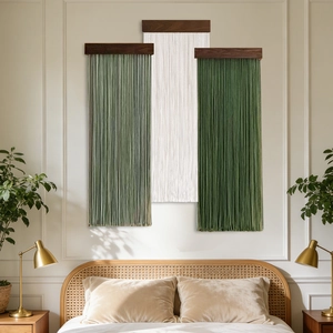 Three-piece macrame wall hanging with wooden beams in forest green, sage and cream white