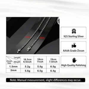S925 sterling silver tennis chain size chart with 1.5mm and 2mm zircon weight specifications