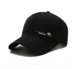 Side 45-degree view of a black baseball cap with white logo and embroidered text details
