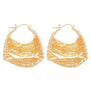 Twisted gold hoop earrings with zircon stones and elegant metal chain tassels