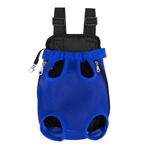 Detail of blue breathable mesh pet carrier backpack with adjustable straps and zipper