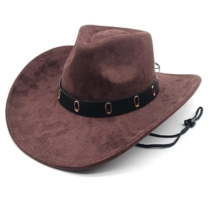 Ethnic style dark brown faux suede cowboy hat with vintage metal band and wind cord