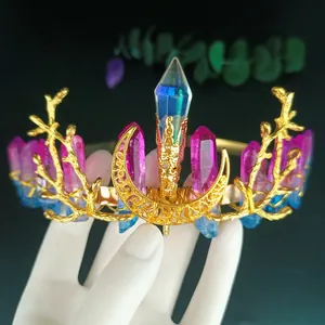 Macro detail of handmade bridal crown with colorful crystals and gold branch texture