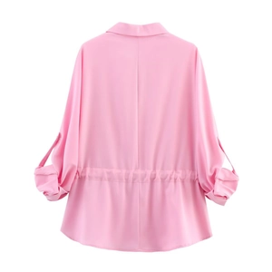 Detail of pink long sleeve safari shirt back with waist drawstring and satin texture