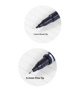 Dual-tip marker detail showing 1.0mm broad tip and 0.5mm fine tip for precision writing
