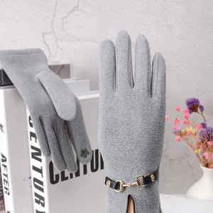 Grey thermal touchscreen gloves for women featuring gold horsebit and plush lining