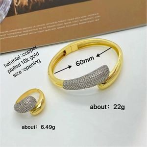 Fashion 18k gold plated copper bangle and ring set with micro-pave cubic zirconia